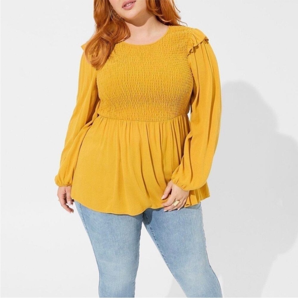 Torrid Sunflower Yellow Smocked Blouse Ruffle Shoulder Peplum Size 1X